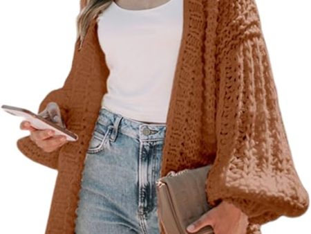 Talla: L - Dokotoo Cárdigan largo de punto grueso para mujer, informal, holgado, con manga farol, abrigo de punto, chaqueta de punto grueso cálida para invierno, marrón Online now