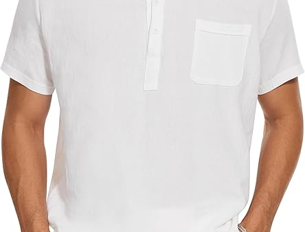 Talla: M - Camisa de Lino para Hombre - Manga Corta, Estilo Henley, Casual y Transpirable Online now