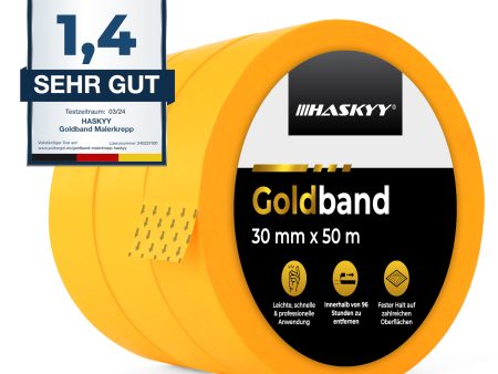 (Falta 1 cinta, incluye 2) Cinta de Pintor Profesional HASKYY Goldband - Pack de 2 Unidades de 30mm x 50m Embalaje Deteriorado For Discount