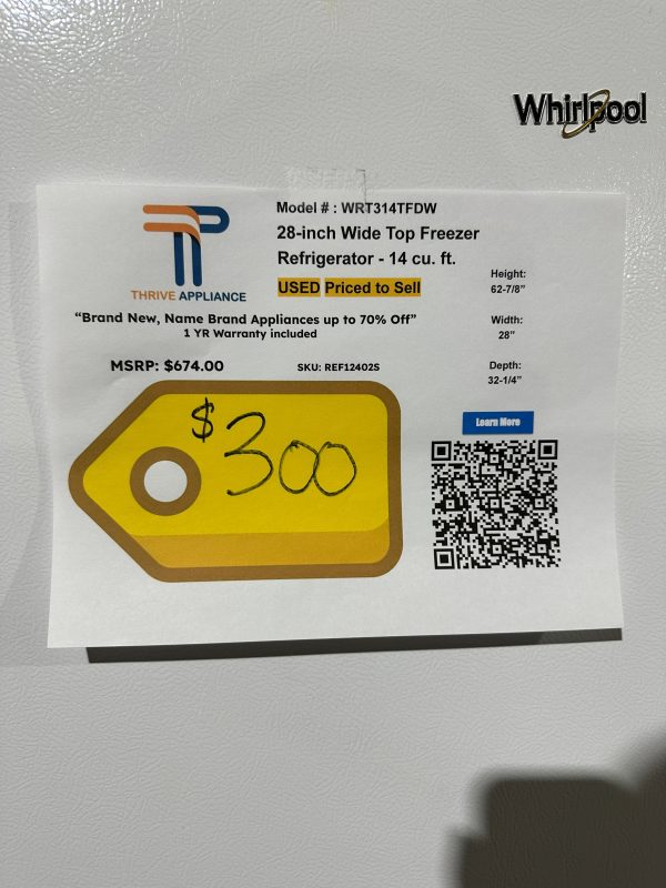 PRICED TO SELL WHIRLPOOL TOP FREEZER REFRIGERATOR MODEL: WRT314TFDW  REF12402S For Discount